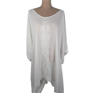 Lands' End Tunic Kaftan Cover Up SZ L White Sheer Embroidery Beachy Vacation
